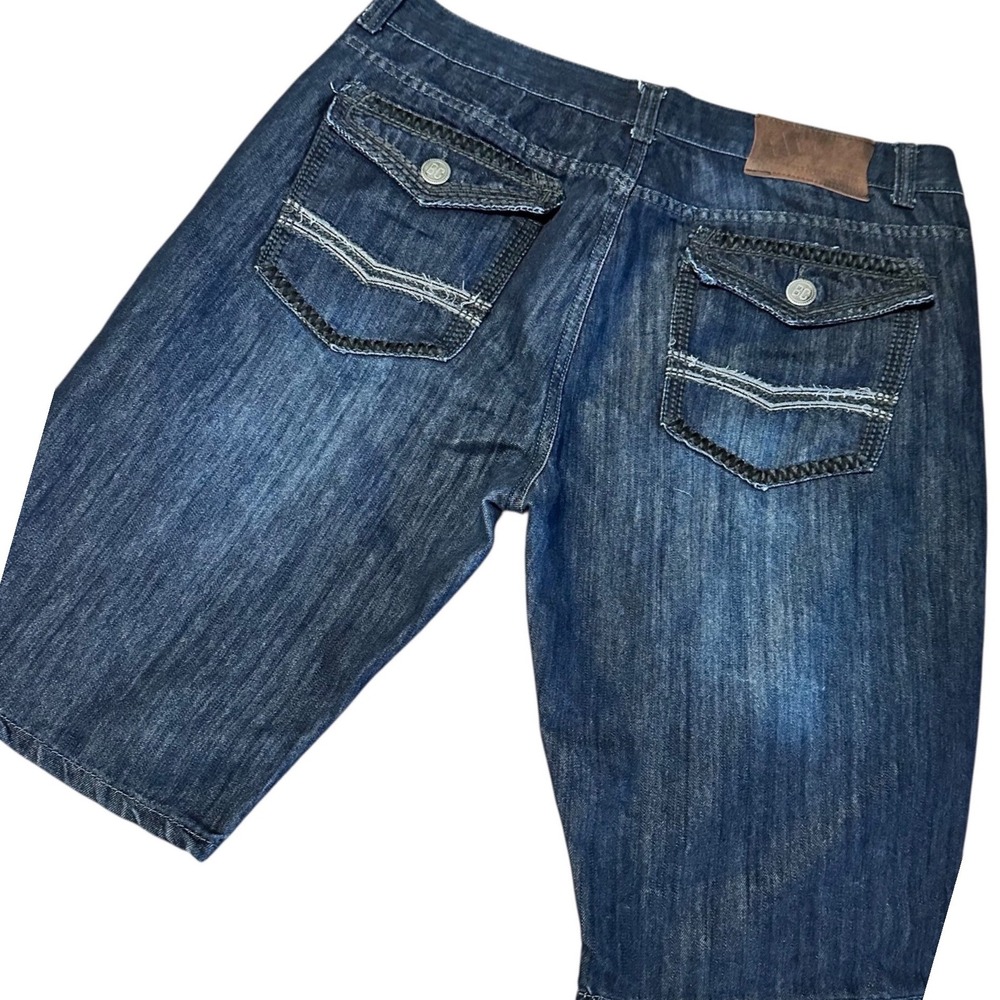 Blue Cult Denim jean Bermuda Shorts‎ Mens 38 Dark Wash Flap Pocket Distressed